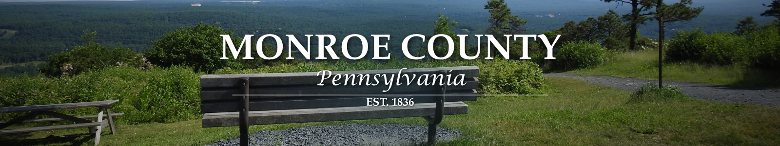Welcome to Monroe County Treasurer - photo of a bench overlooking Big Pocono State Park.