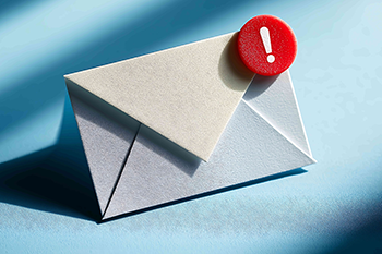 Blue background, gray envelope with email notification for requesting information.