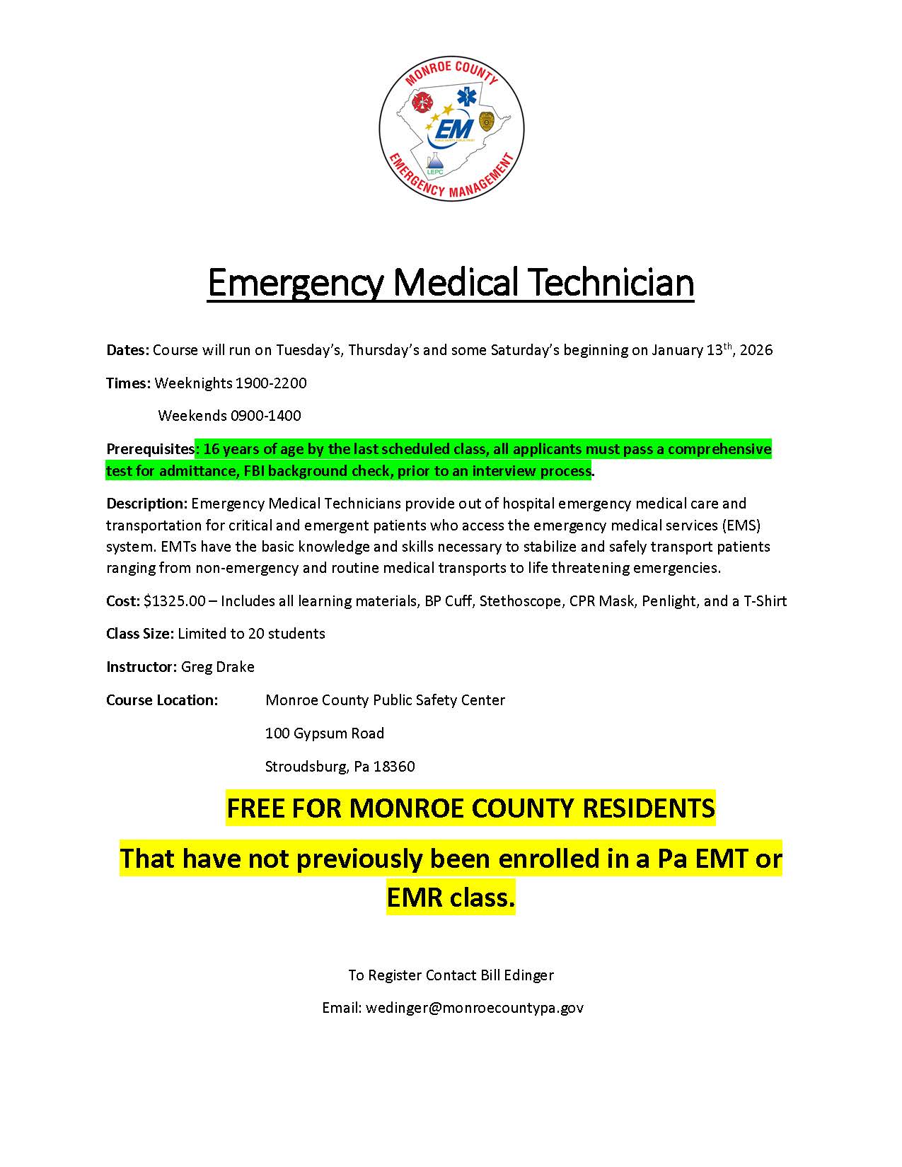 Emergency Medical Technician Course Information